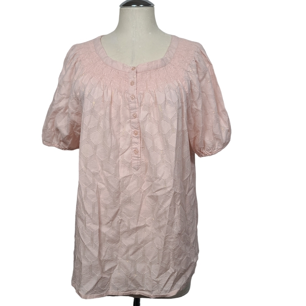 Linda Anderson Pink Gold Metallic Half Button Down Smocked Blouse L